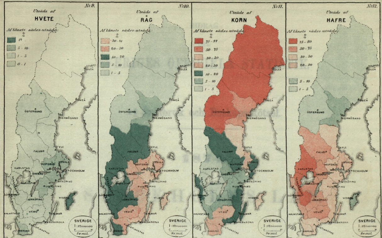 Karta från 1874 över andelen utsäde för olika sädesslag. 